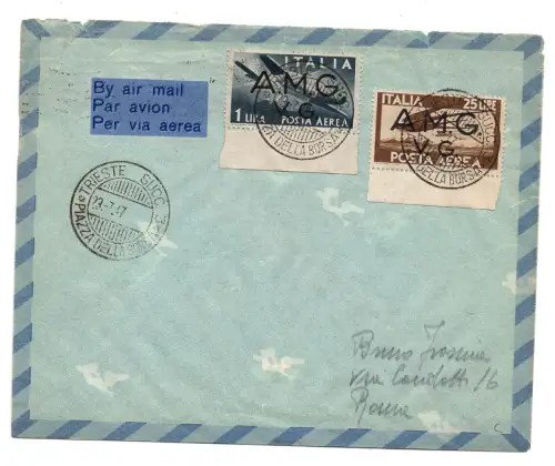 AMG. VG Luftpost Lire 25 Nr. 7 auf Reiseumschlag am ersten Tag
