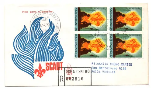 Italien FDC Venetia 1968 Scautismo quartina voyata Racc. für Italien
