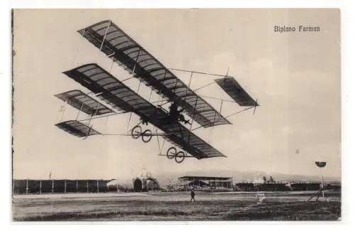 Farman Doppeldecker Postkarte Flugzeug im Vordergrund