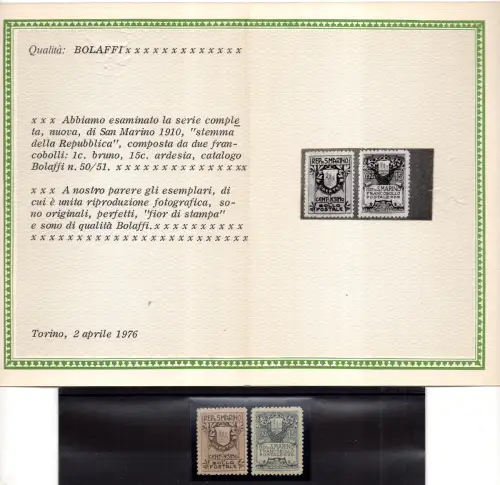 Wappen Nr. 49/50 dünnes Papier gelber Hintergrund - Cert. Bolaffi - MNH