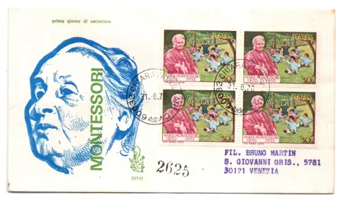 Italien FDC Venetia 1970 Montessori Viertelreise Racc. für Italien