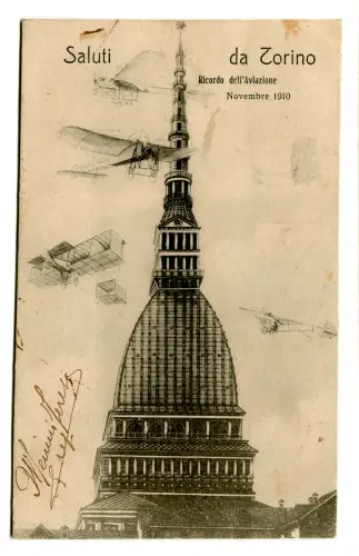 Mole Antonelliana Grüße aus Turin - Postkarte mit verschiedenen Flugzeugen