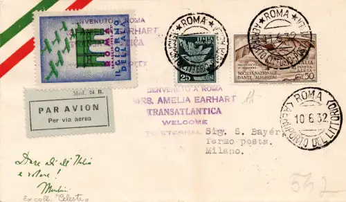 1932 Amelia Earhart - Sonderdepedition zur Erinnerung Flug Rom Mailand 11.6.32