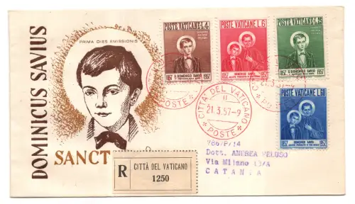 Vatikan FDC Venetia 1957 San Domenico voyata Racc. für Italien