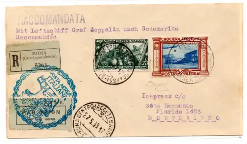 Luftpost Zeppelin Lire 20 Nr. 50 auf Aerogramm nach Montevideo