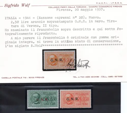 G.N.R. - Espressi n. 19/20 Auflage Verona - Zertifikat - postfrisch