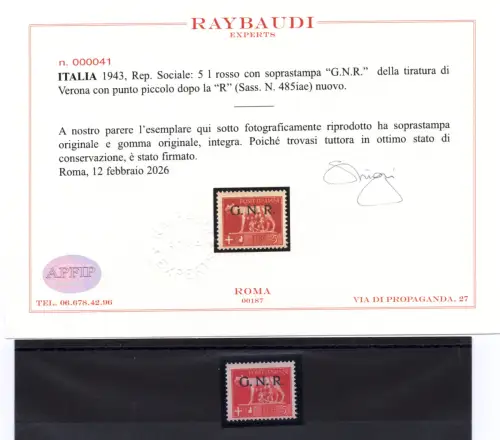 1943 G.N.R. 5 Lire Verona kleiner Punkt nach 'R' Nr. 485iae - MNH