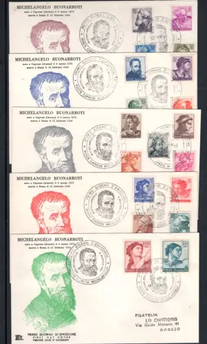 1961 Michelangelo die Serie auf 5 figürlichen FDC Umschlägen