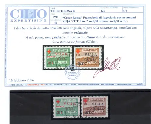 Triest B 1951 Pro Rotes Kreuz Nr. 39/40 gebrauchte Serie Cert. Cilio