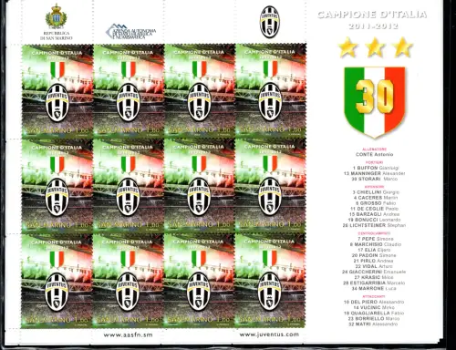 2012 Juventus Campione d'Italia - Kleinbogen mit 12 Exemplaren - postfrisch