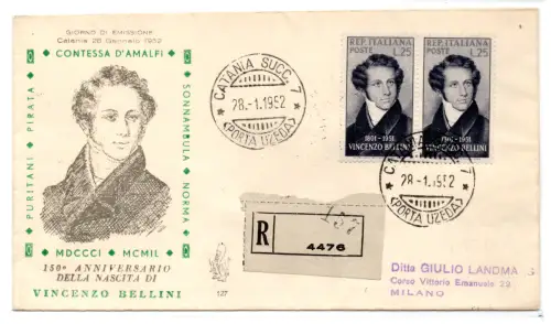 1952 Bellini Nr. 682 Paar auf FDC Venetia Einschreiben