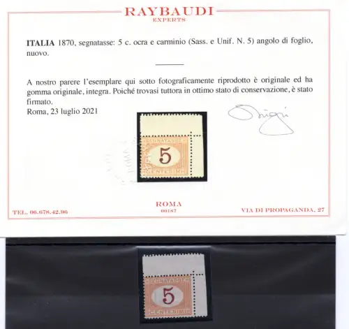 1870 Segnatasse Cent. 5 Ocker und Karmin Nr. 5 - MNH Zertifikat