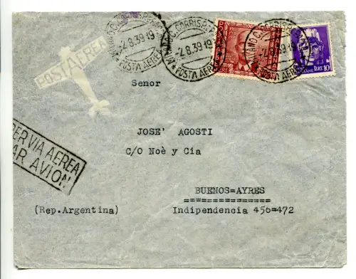 Luftpost 'Impero' Lire 3 auf Luftumschlag nach Argentinien
