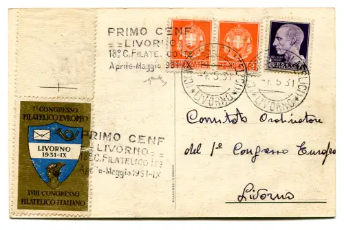 Livorno Congr. Europäische Philatelistenhändler Postkarte und Erinnofil