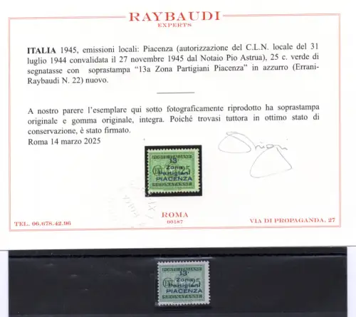C.L.N. Cent Steuermarken. 25 Unikat Nr. 22a '13. Partisanenzone Piacenza