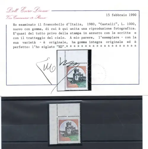 Schlösser Lire 1.000 Sorten hellblau verblassend - Zertifikat