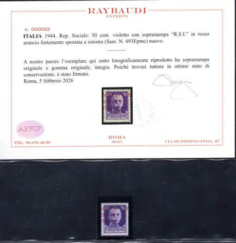 Cent. 50 rot orange Aufdruck unten links verschoben postfrisch