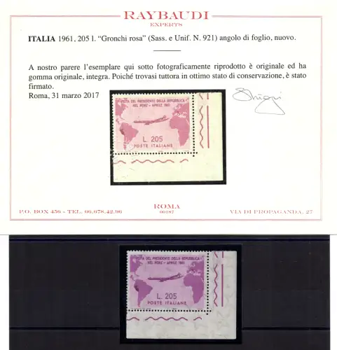 Gronchi rosa Nr. 921 Bogenwinkel - postfrisch - Zertifikat