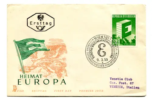 Österreich - Europa 1959 FDC Briefumschlag verschickt an Venetia Club ohne Ankunftsstornierung