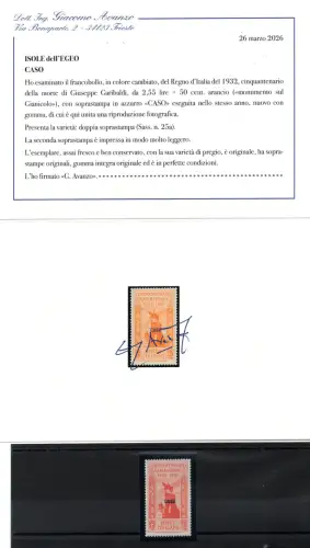 1932 Ägäis Insel Caso Garibaldi Lire 2,55 Nr. 26. Sorte MNH