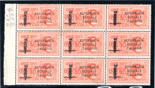 Espressi Lire 2,50 Nr. 22. 'Verona' Neunerblock oben umgedreht
