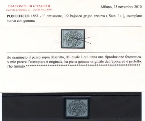 Päpstlich 1/2 Baj hellgrau Nr. 1a Cert. Bottacchi