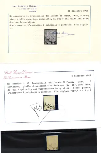 Parma 1853 Lilie 5 c. hellgelb Nr. 6b Zertifikat