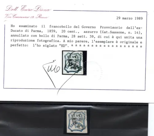 Parma 1859 Provisorische Regierung 20 c. hellblau Nr. 15 Zert. Diena