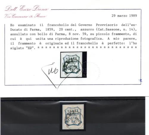 Parma 1859 Provisorische Regierung 20 c. hellblau Nr. 15 Zert. Diena