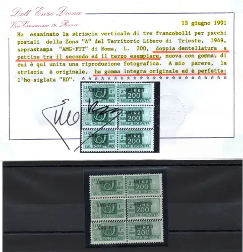 Triest A - Postpakete Lire 200 Nr. 23s - Rarität - Zert. Diena MNH