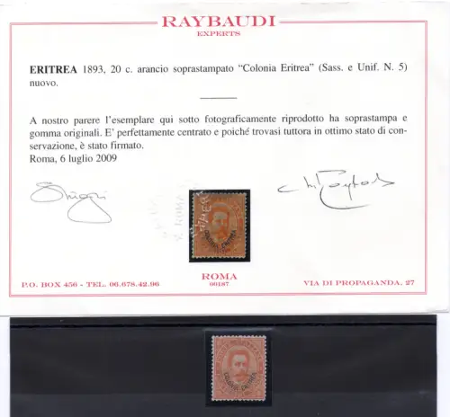 Eritrea Umberto I. c. 20 Nr. 5 sehr zentriert Zert. Ray. MLH