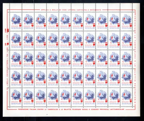 Tuberkulose Lire 100 auf 10 Blatt à 50 Exemplare postfrisch
