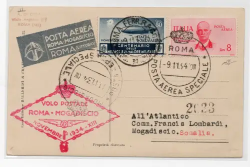 Rom Mogadischu 8 Lire auf Postkarte mit Sonderflug vom 9.11.34