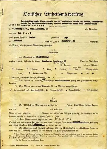 Deutscher Einheitsmietvertrag von 1939   (AG-030)