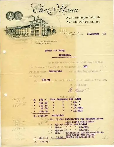 Waldshut v. 1912 - C. Mann - Maschinenfabrik  (34424)