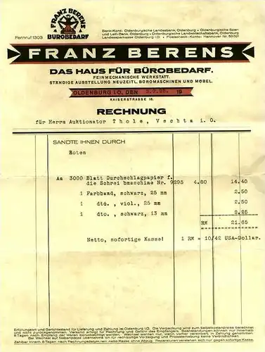 Oldenburg von 1925 Franz Berens--Bürobedarf ( 119 )