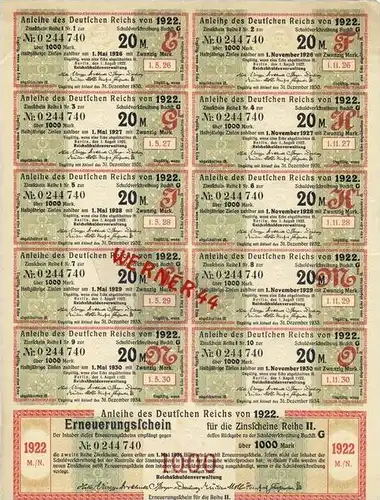 Anleihe des Deutschen Reichs 1000 Reichsmarkvon 1922 nur Zinsscheine (54048)