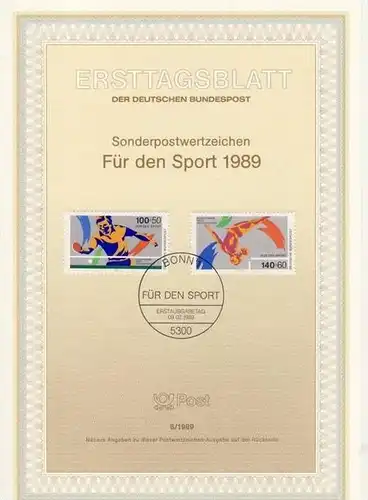 BRD - ETB (Ersttagsblatt) 8/1989 Michel 1408 / 1409 - Sporthilfe, Tischtennis, Kunstturnen