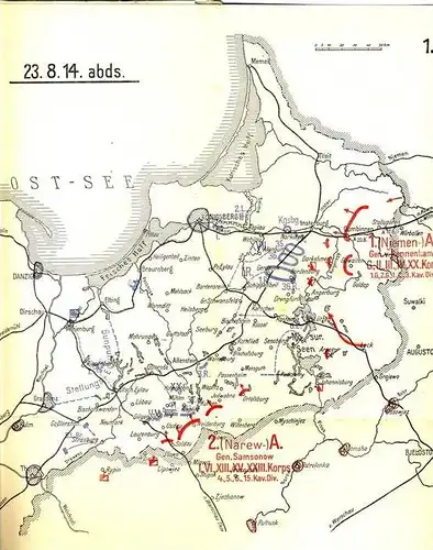 37. Inf. Div. ab 23.8.14 bei Lahna und Orlau / Ostpreußen -- 14 Landkarten im Block  (99999)