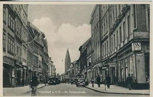 Frankfurt a.d.O. v.1943  Gr. Scharnstrasse mit Geschäfte und alte PKW`s  (45387)