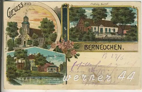 Gruss aus Berneuchen v.1906  Kirche,Stebhans Gasthof,Herrschaftl. Schloss  (5115)
