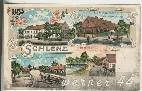 Gruss aus Schlenz v.1905  Schloss,Friedrich Bereiter`s Warenhandlung,Dorfstrasse,A. Dreilich`s Baugeschäft  (5131) NEU !