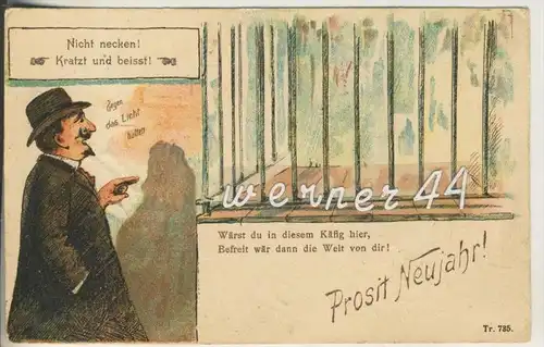 Neujahr v. 1904 Kratzt und beisst---Gegen das Licht halten die AK (Fraukopf mit Tigerkörper im Käfig ist)  (25242)