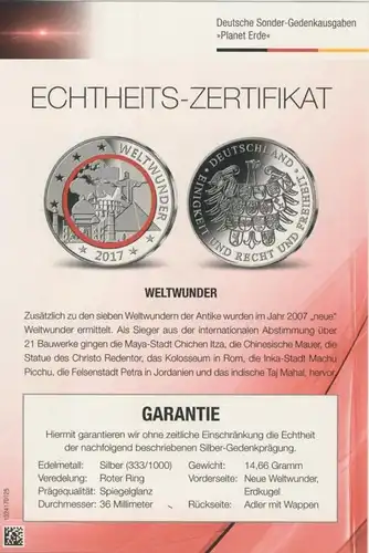 Planet Erde v. 2017 Deutsche Gedenkausgabe "Weltwunder"  (50199-12)