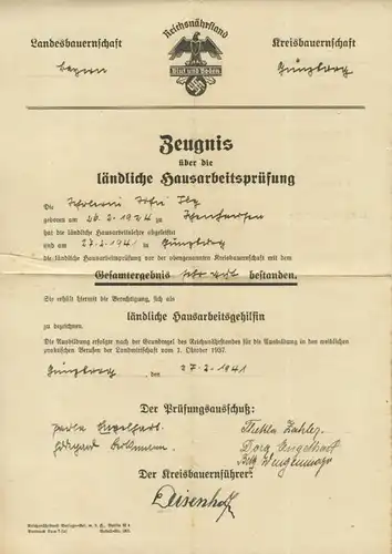 Günzburg v. 1941 Blut und Boden -- Zeugnis über die ländliche Hausarbeitsprüfung  (51360)