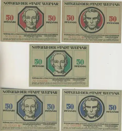 Städte Notgeldscheine - Banknoten während der Inflationszeit v. 1921 WEIMAR 5 x 50 Pfg.  "NOTGELD" (51801)