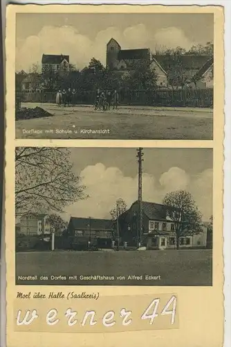 Morl v.1936 Dorflage mit Schule und Kirchensicht und Personen,Geschäftshaus von Alfred Eckart (13831)