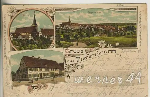 Gruss aus Tiefenbronn v. 1908 Kirche,Dorfansicht,Gasthaus und Metzgerei "Zur Sonne" (26933)