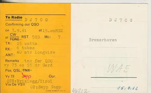 SOS Kinderdorf,Stafflerstrasse 10a,Innsbruck,Österreich v. 1962  OE7GX  (46222)
