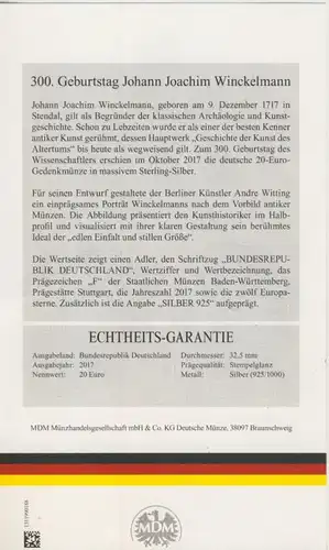 20 Euro Silbermünze 2017 bfr  300. Geburtstag Johann Joachim Winckelmann mit Echtheits-Urkunde  (51697)